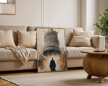 Buddhist Temple Bell Monk Japandi Canvas Wall Art Print — Serene artwork featuring contemplative character near ceremonial chime for peaceful home styling