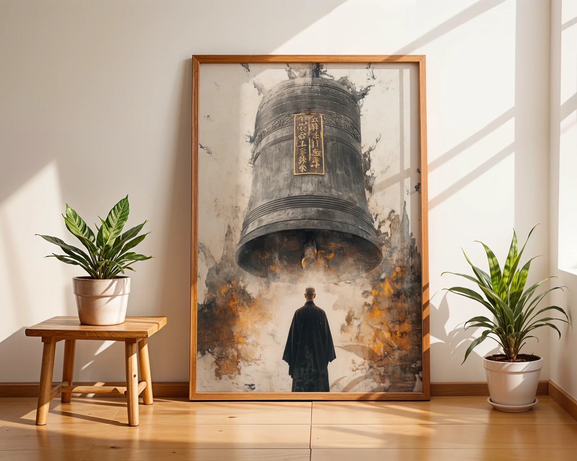 Buddhist Temple Bell Monk Japandi Canvas Wall Art Print — Oriental-inspired print displaying meditative scene with ancient bronze instrument for modern spaces