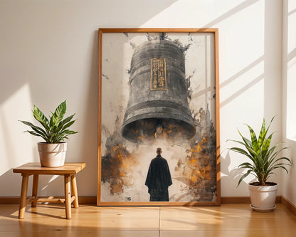 Buddhist Temple Bell Monk Japandi Canvas Wall Art Print — Oriental-inspired print displaying meditative scene with ancient bronze instrument for modern spaces
