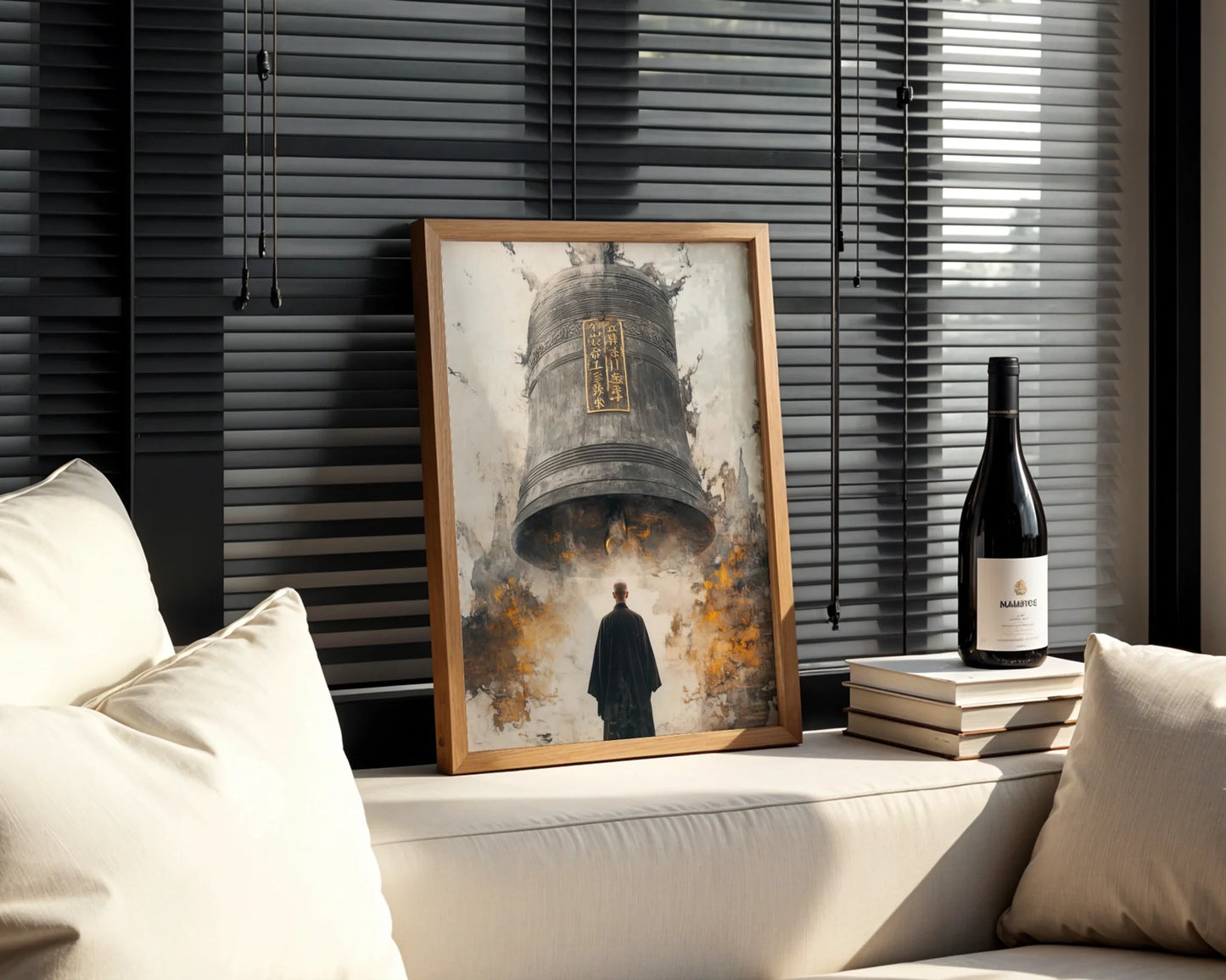 Buddhist Temple Bell Monk Japandi Canvas Wall Art Print — Understated canvas depicting solitary practitioner under ritual gong for simple living decor