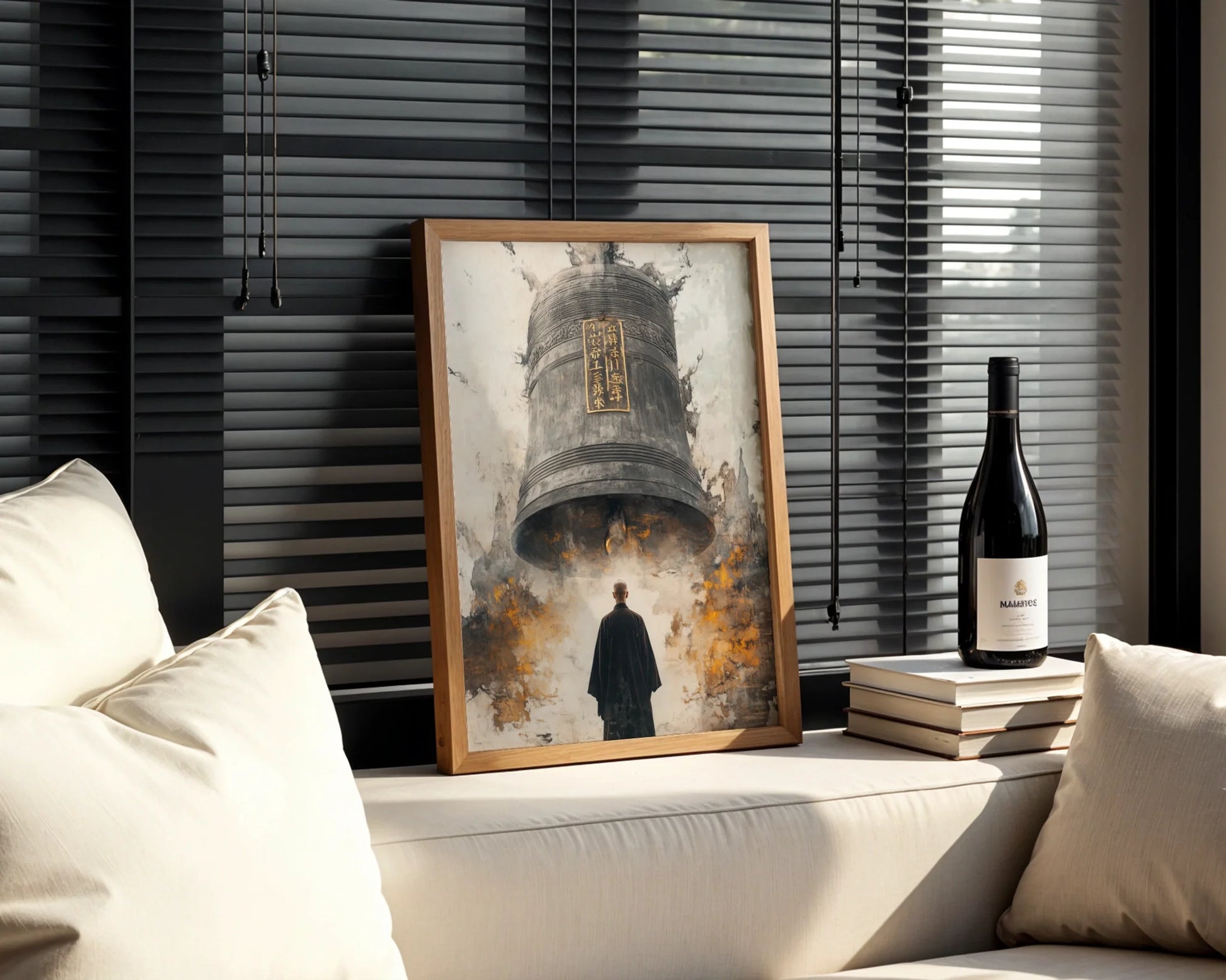 Buddhist Temple Bell Monk Japandi Canvas Wall Art Print — Understated canvas depicting solitary practitioner under ritual gong for simple living decor