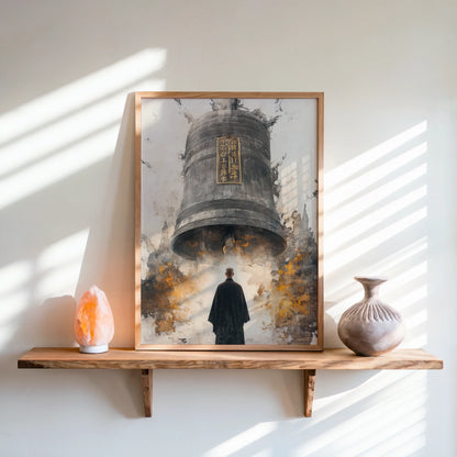 Buddhist Temple Bell Monk Japandi Canvas Wall Art Print — Warm champagne tones blend with deep charcoal in textured canvas for sophisticated interiors