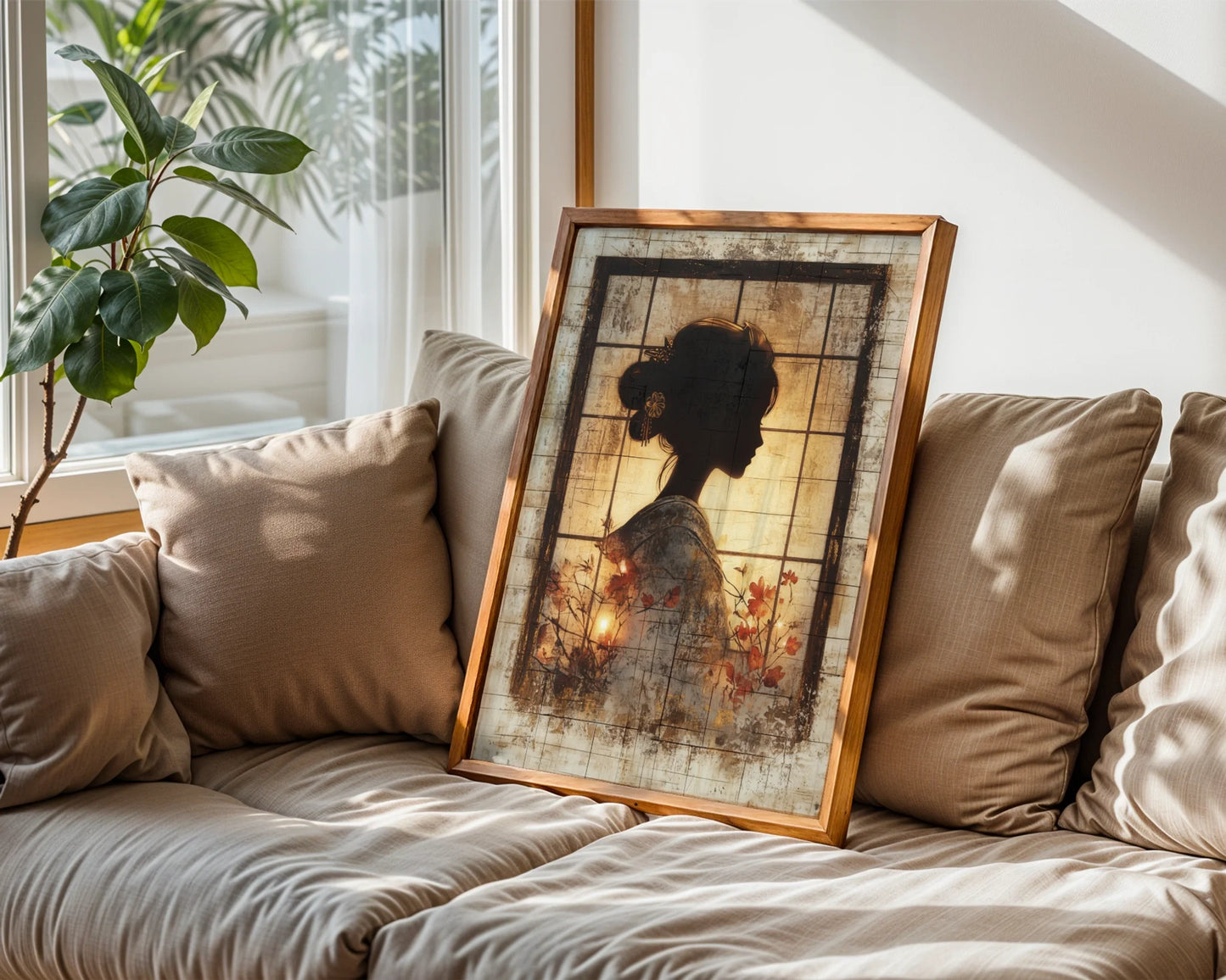 Japanese Geisha Silhouette Shoji Screen Canvas Wall Art — Minimalist canvas featuring fading feminine figure for contemporary home decor with clean lines