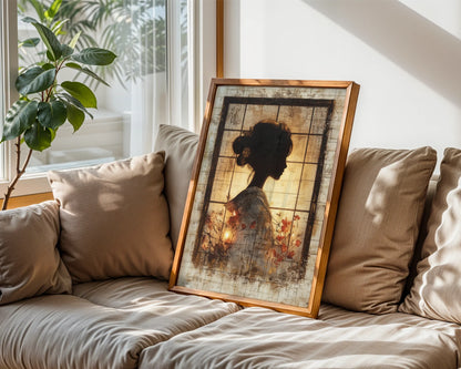 Japanese Geisha Silhouette Shoji Screen Canvas Wall Art — Minimalist canvas featuring fading feminine figure for contemporary home decor with clean lines