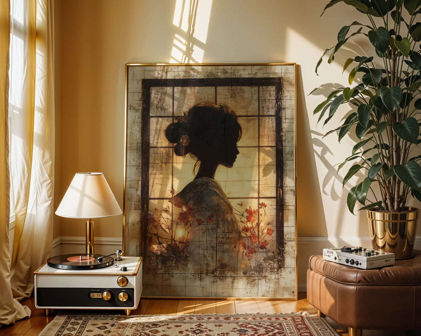 Japanese Geisha Silhouette Shoji Screen Canvas Wall Art — Organic autumn twigs merging with translucent panels create peaceful atmosphere for simple interiors