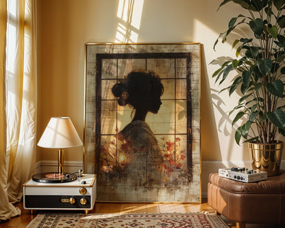 Japanese Geisha Silhouette Shoji Screen Canvas Wall Art — Organic autumn twigs merging with translucent panels create peaceful atmosphere for simple interiors