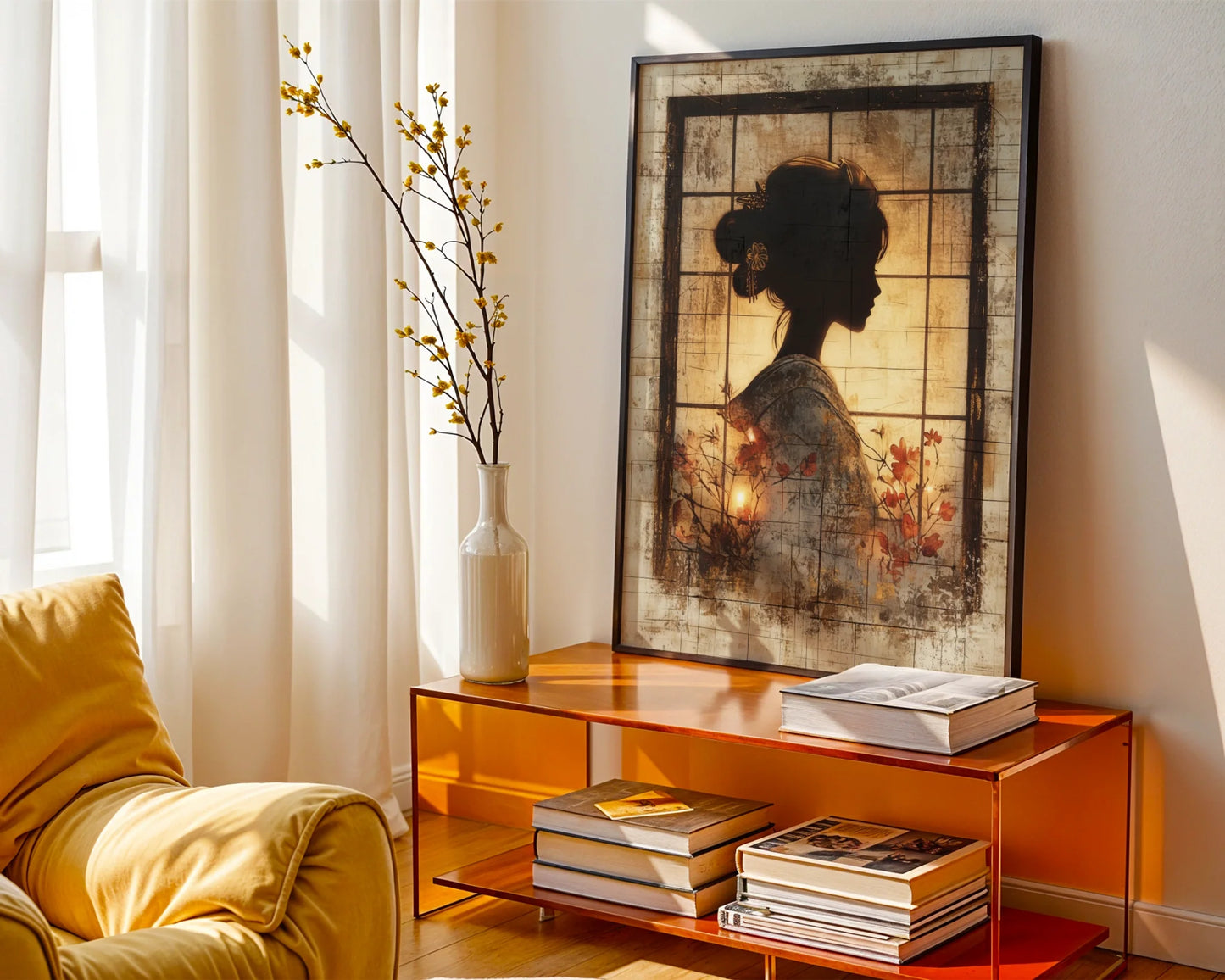 Japanese Geisha Silhouette Shoji Screen Canvas Wall Art — Traditional room divider pattern transformed into modern wall art for sophisticated home styling