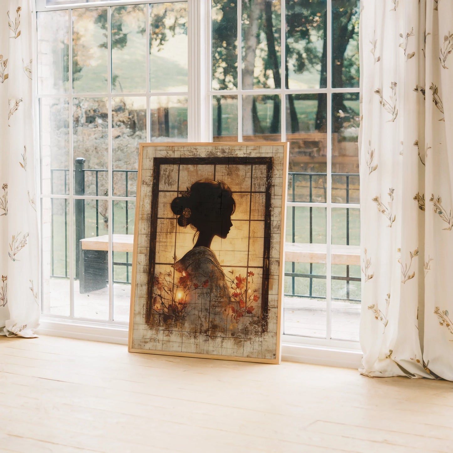 Japanese Geisha Silhouette Shoji Screen Canvas Wall Art — Classic Asian feminine portrait reimagined with weathered textures for timeless interior design