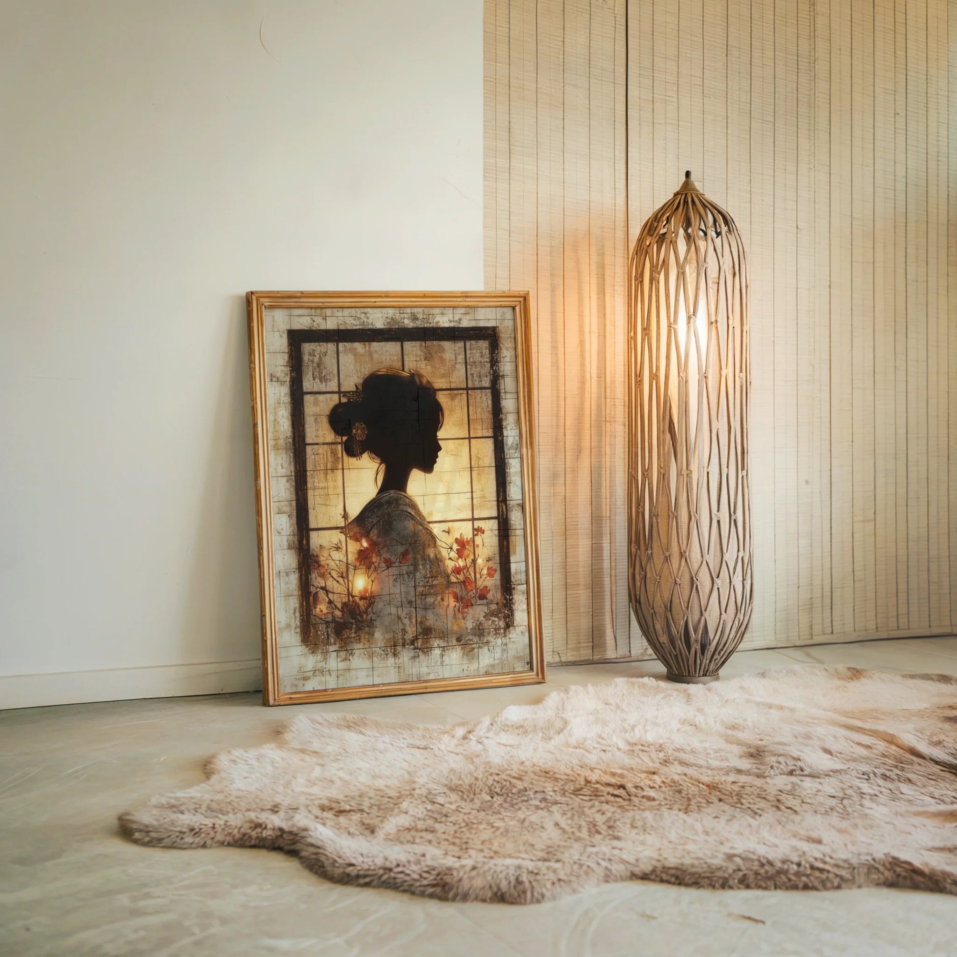 Japanese Geisha Silhouette Shoji Screen Canvas Wall Art — Warm golden honey tones with copper accents displayed on textured canvas for earthy home styling