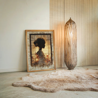 Japanese Geisha Silhouette Shoji Screen Canvas Wall Art — Warm golden honey tones with copper accents displayed on textured canvas for earthy home styling