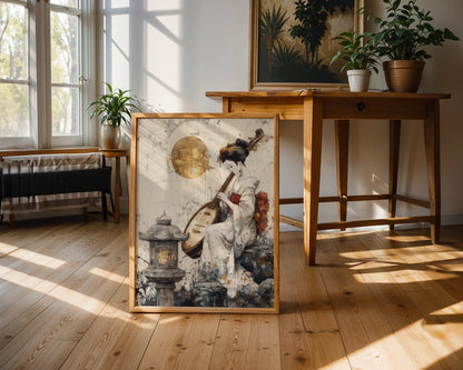 Japanese Geisha Biwa Golden Moon Japandi in room