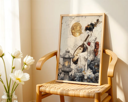 Japanese Geisha Biwa Golden Moon Japandi in room