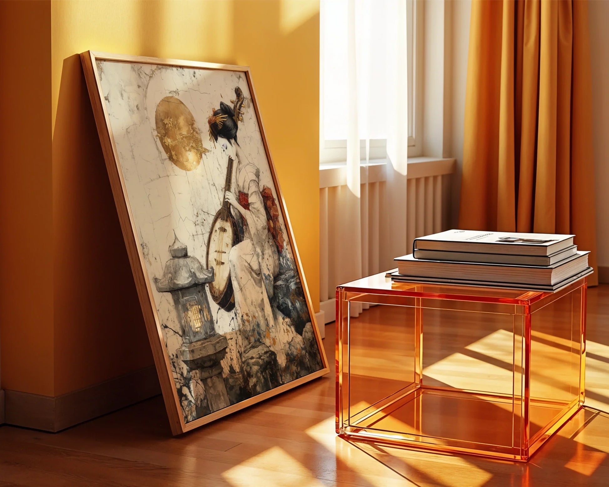 Japanese Geisha Biwa Golden Moon Japandi in room