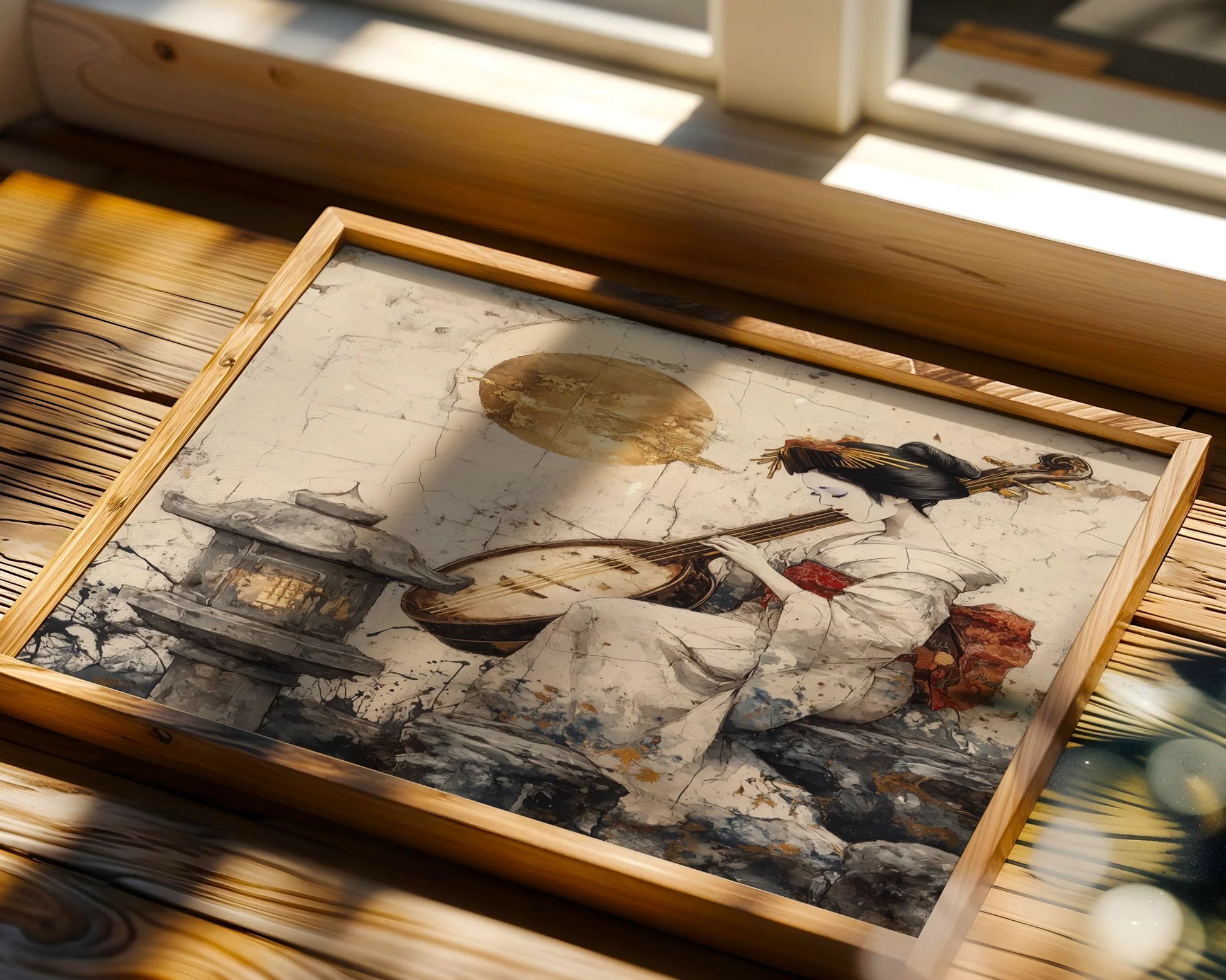 Japanese Geisha Biwa Golden Moon Japandi in room