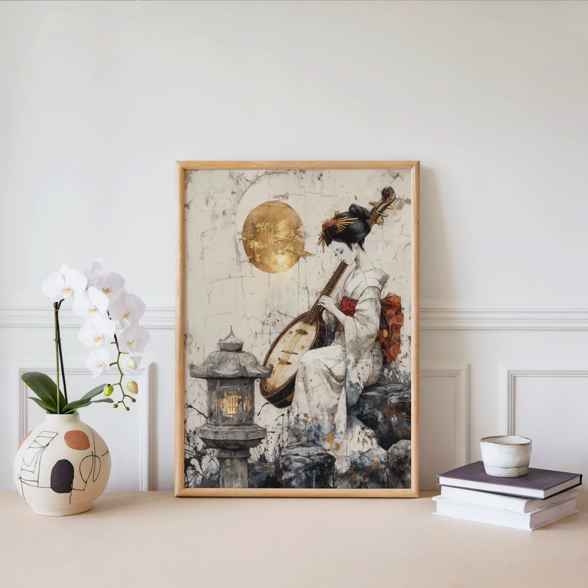 Japanese Geisha Biwa Golden Moon Japandi Canvas Wall Art — Clean-lined artwork depicting illuminated shrine scene perfectly suited for zen home aesthetics