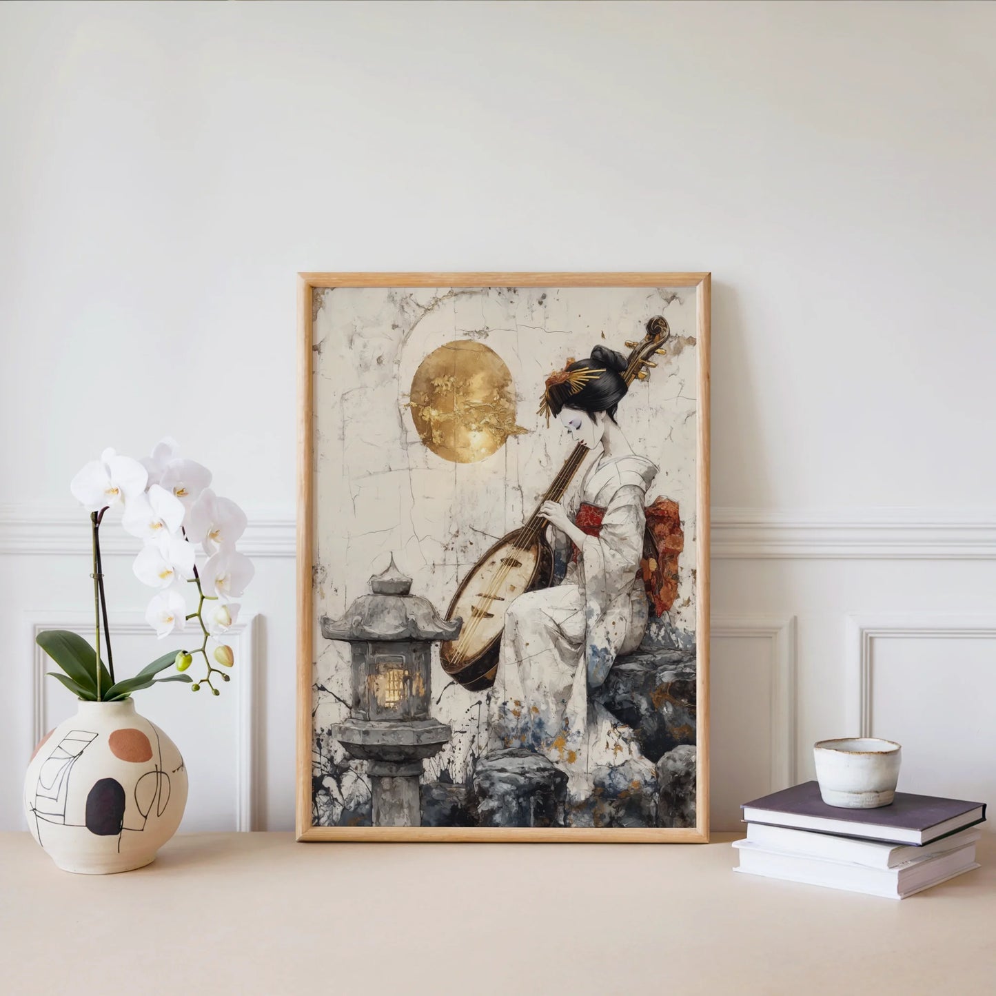 Japanese Geisha Biwa Golden Moon Japandi in room