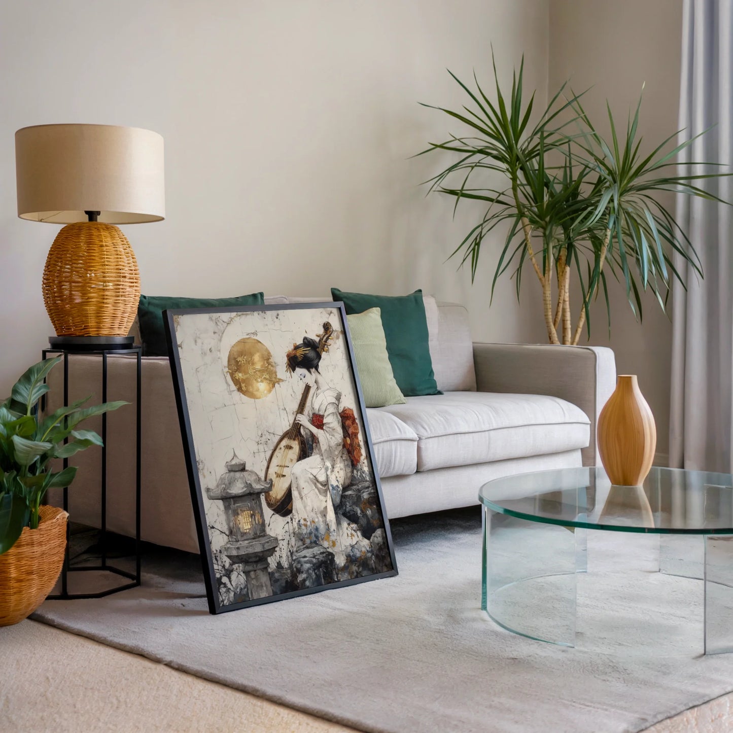 Japanese Geisha Biwa Golden Moon Japandi in room