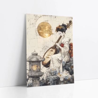 Japanese Geisha Biwa Golden Moon Japandi art print