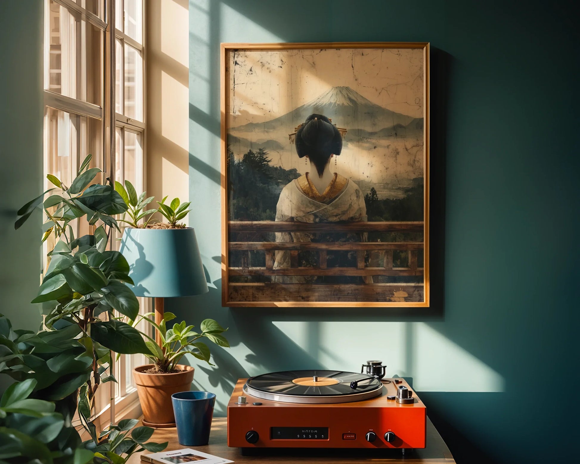 Japanese Geisha Art Mount Fuji Morning Mist in room