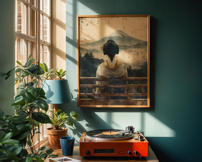 Japanese Geisha Art Mount Fuji Morning Mist in room