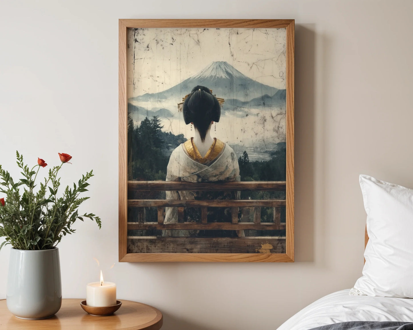 Japanese Geisha Art Mount Fuji Morning Mist Canvas Wall Art — Rustic canvas displaying serene figure in morning haze beside weathered railings for organic spaces