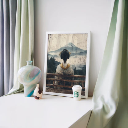 Japanese Geisha Art Mount Fuji Morning Mist in room