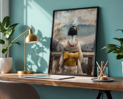Japanese Geisha Mount Fuji Temple Weathered Japandi Canvas Art — Minimalist canvas displaying serene figure gazing toward sacred peak through ancient doorway for zen interiors