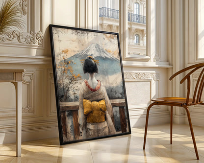 Japanese Geisha Mount Fuji Temple Weathered Japandi Canvas Art — Oriental artwork showing graceful silhouette admiring distant summit from weathered sanctuary for calm spaces