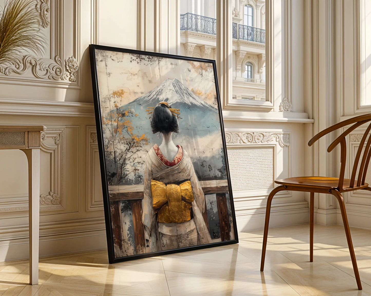 Japanese Geisha Mount Fuji Temple Weathered Japandi Art in room
