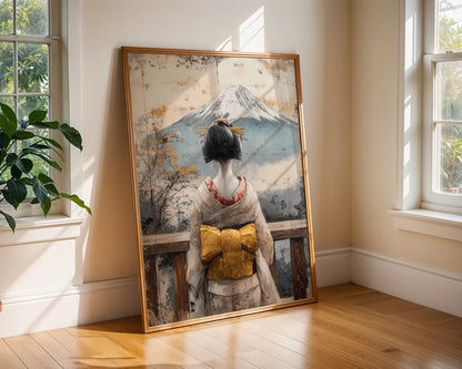 Japanese Geisha Mount Fuji Temple Weathered Japandi Canvas Art — Serene wall piece featuring contemplative pose against timeless mountain backdrop for tranquil home styling
