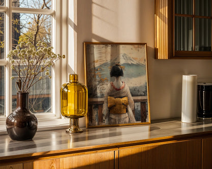 Japanese Geisha Mount Fuji Temple Weathered Japandi Art in room