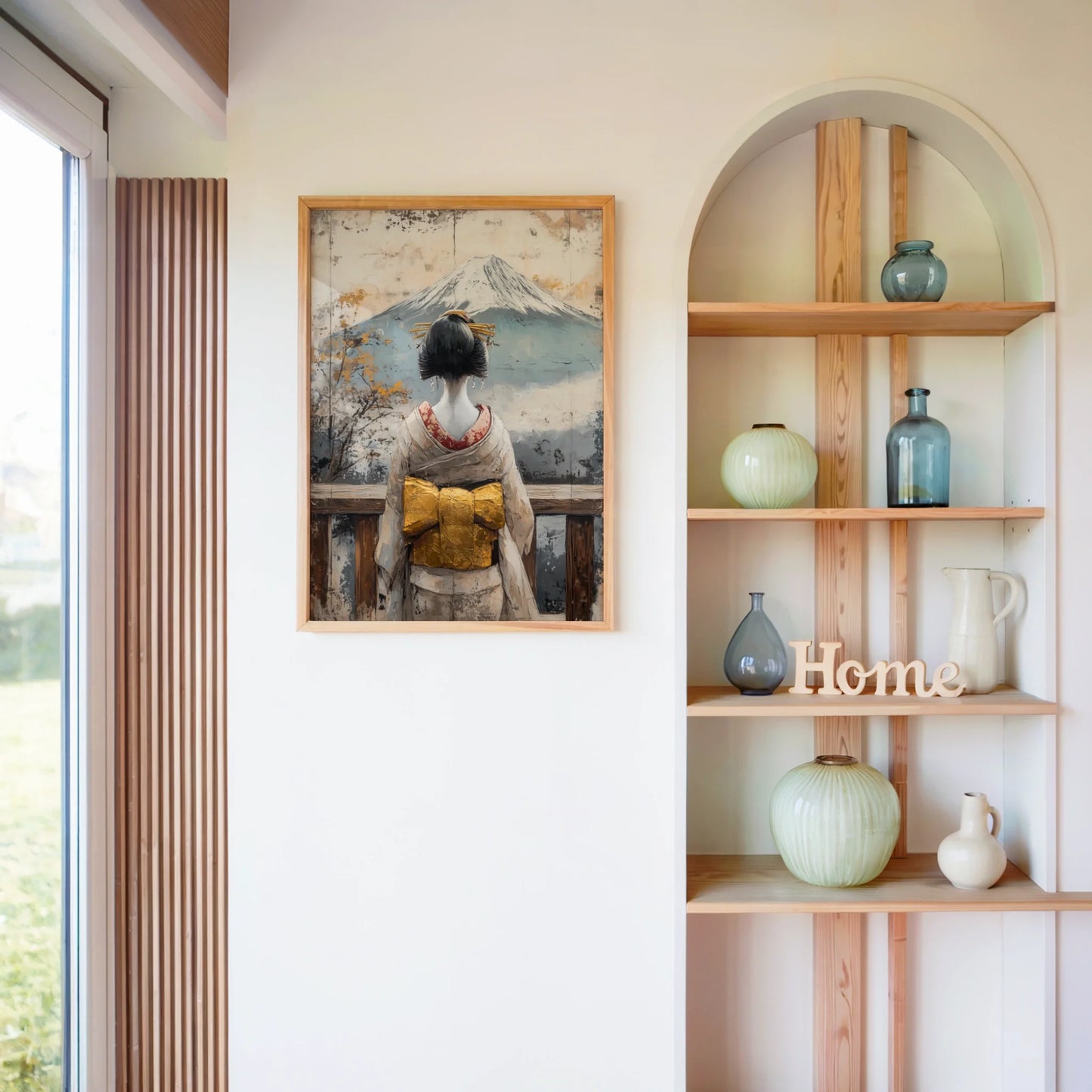 Japanese Geisha Mount Fuji Temple Weathered Japandi Art in room