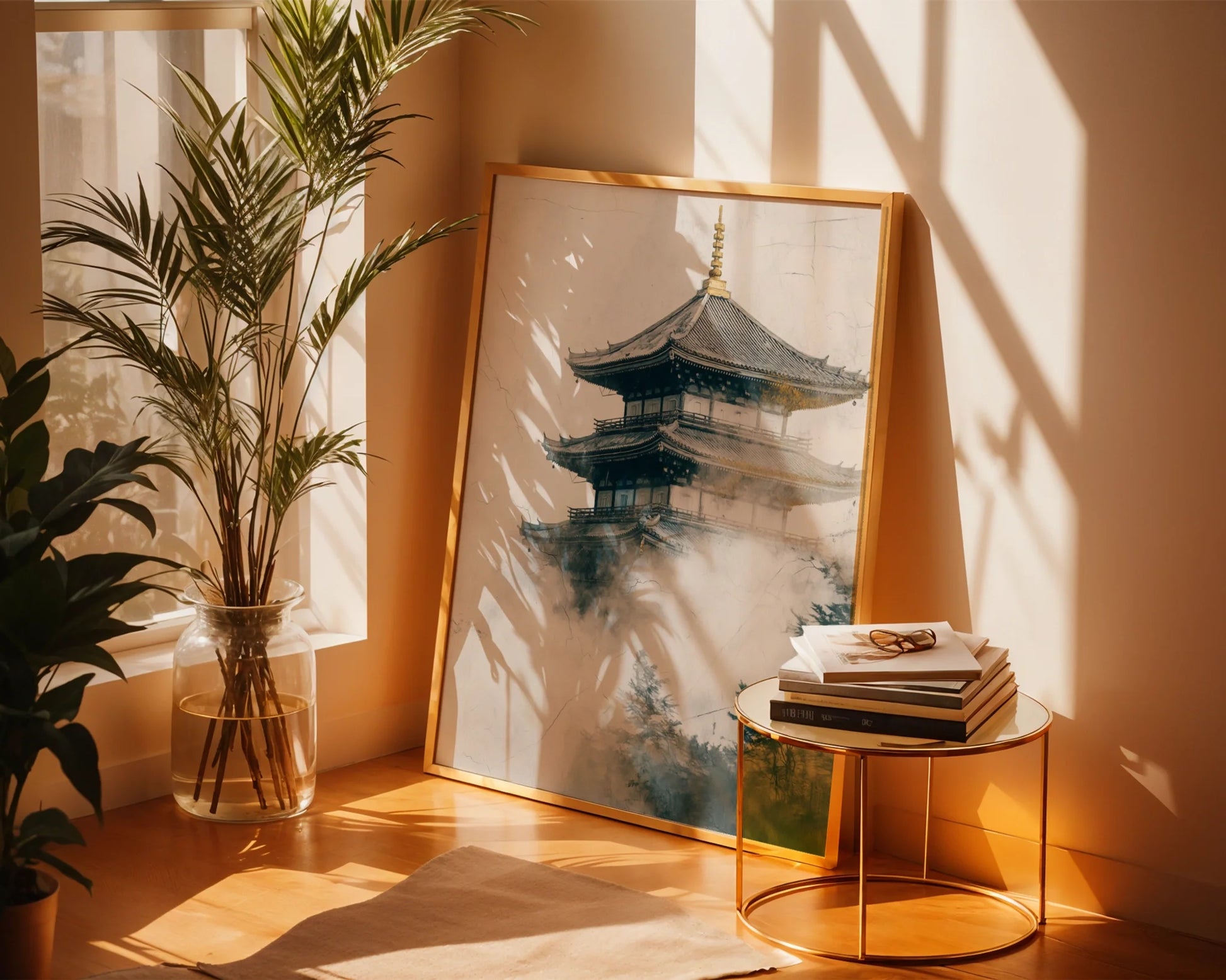 Japanese Temple Mist Japandi Pagoda Emerging Fog Canvas Art — Serene Japandi watercolor artwork showcasing traditional shrine through ethereal clouds for zen home decor