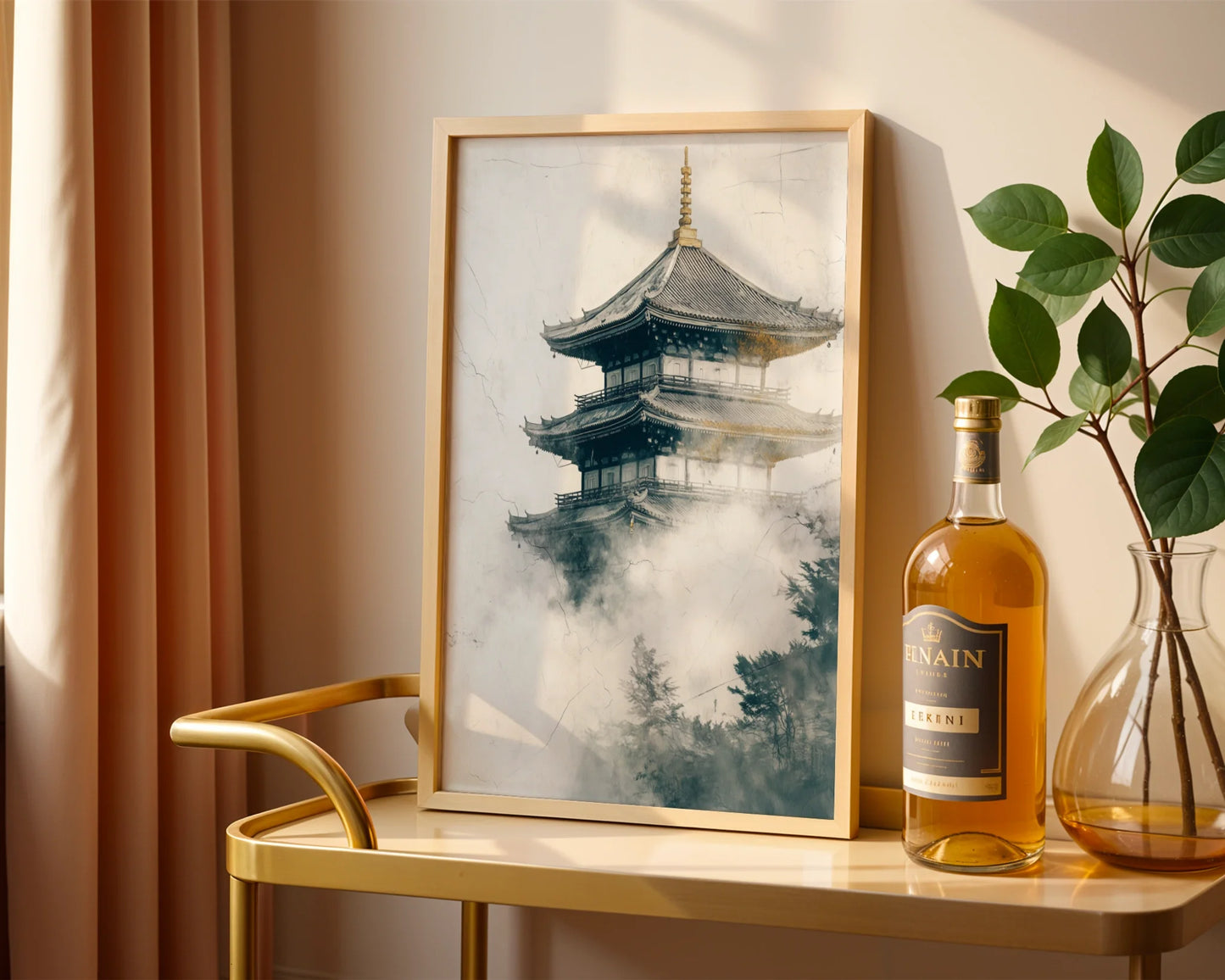 Japanese Temple Mist Japandi Pagoda Emerging Fog Art in room