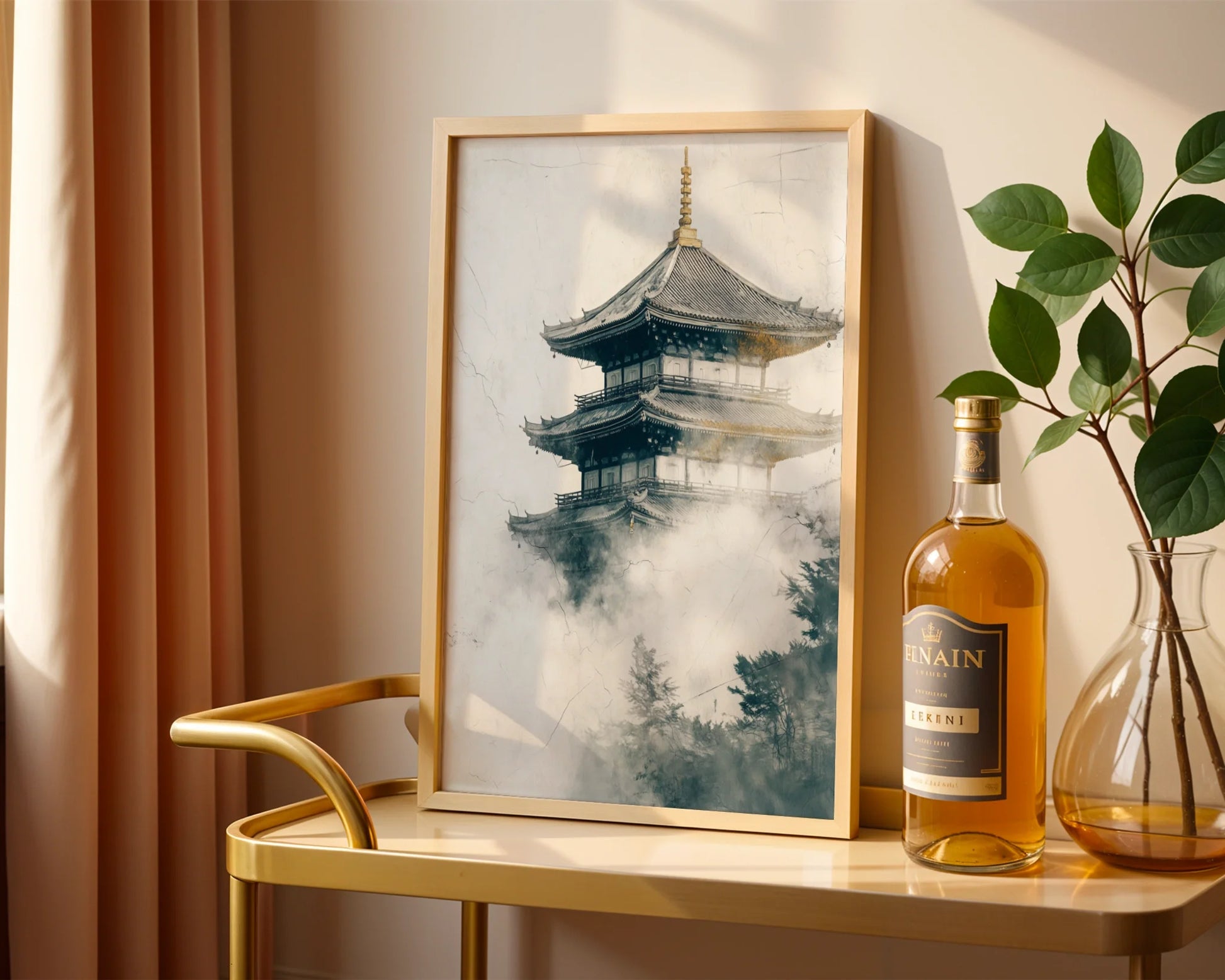 Japanese Temple Mist Japandi Pagoda Emerging Fog Art in room