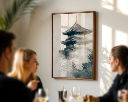 Japanese Temple Mist Japandi Pagoda Emerging Fog Art in room