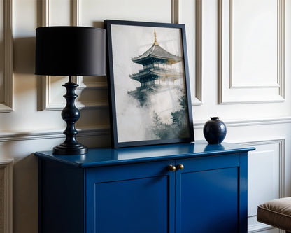 Japanese Temple Mist Japandi Pagoda Emerging Fog Art in room