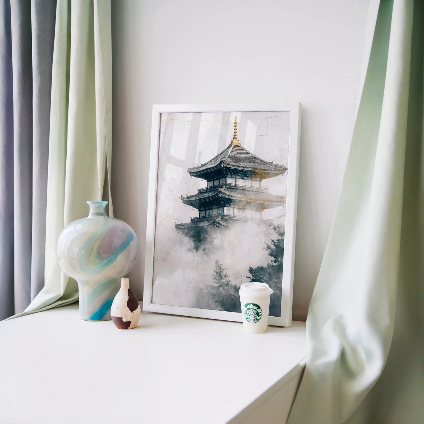 Japanese Temple Mist Japandi Pagoda Emerging Fog Art in room