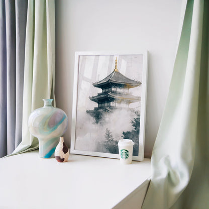Japanese Temple Mist Japandi Pagoda Emerging Fog Art in room