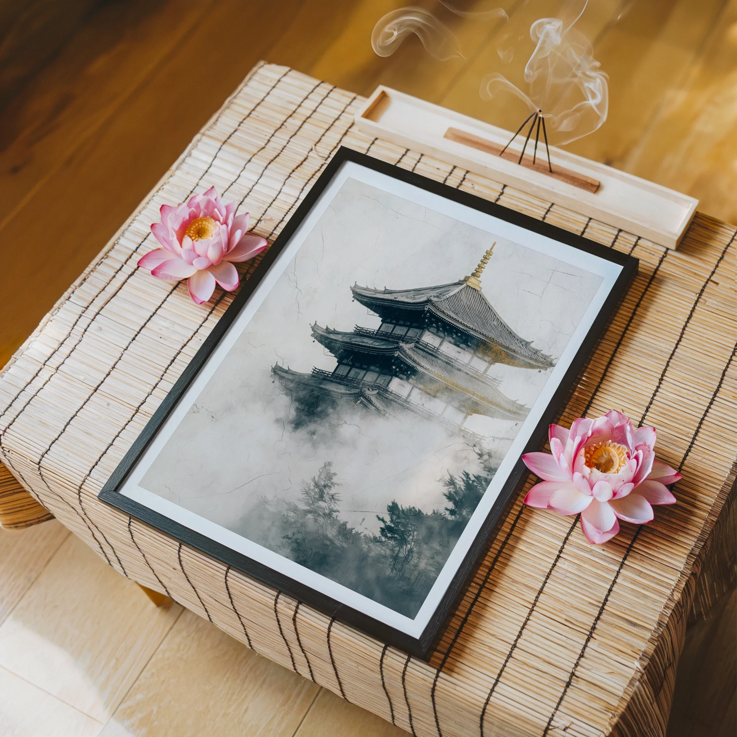 Japanese Temple Mist Japandi Pagoda Emerging Fog Art in room