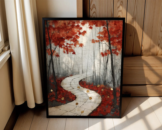 Autumn Forest Path Stone Walkway Japandi Canvas Wall Art — Minimalist ancient walkway artwork styled in contemporary living space with clean lines and neutral furnishings