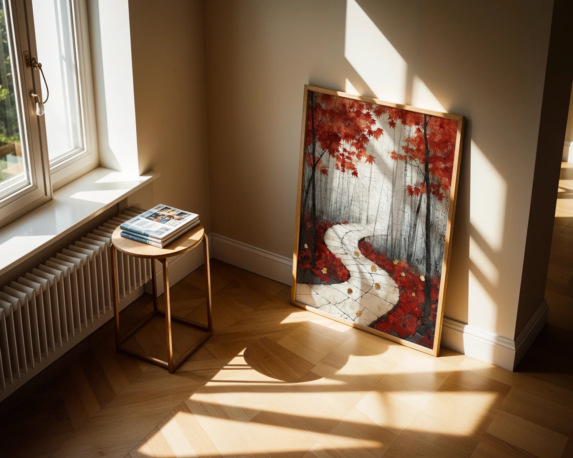 Autumn Forest Path Stone Walkway Japandi Canvas Wall Art — Serene mountain trail canvas displayed in scandinavian inspired room with natural wood and soft textiles