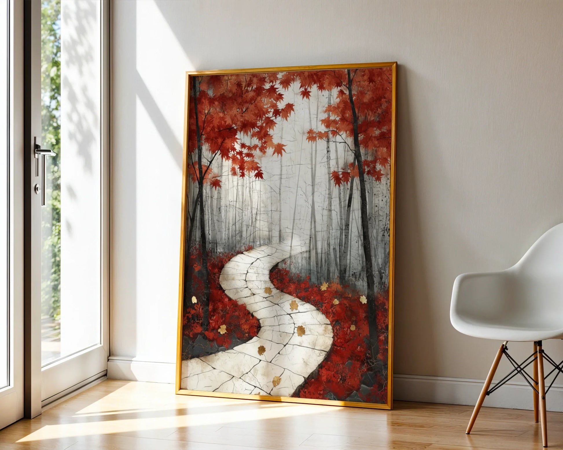 Autumn Forest Path Stone Walkway Japandi Canvas Wall Art — Traditional stepping stones print showcased in organic modern interior with earth tone accessories
