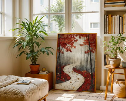 Autumn Forest Path Stone Walkway Japandi Canvas Wall Art — Oriental pathway canvas featured in tranquil bedroom setting with bamboo elements and soft lighting