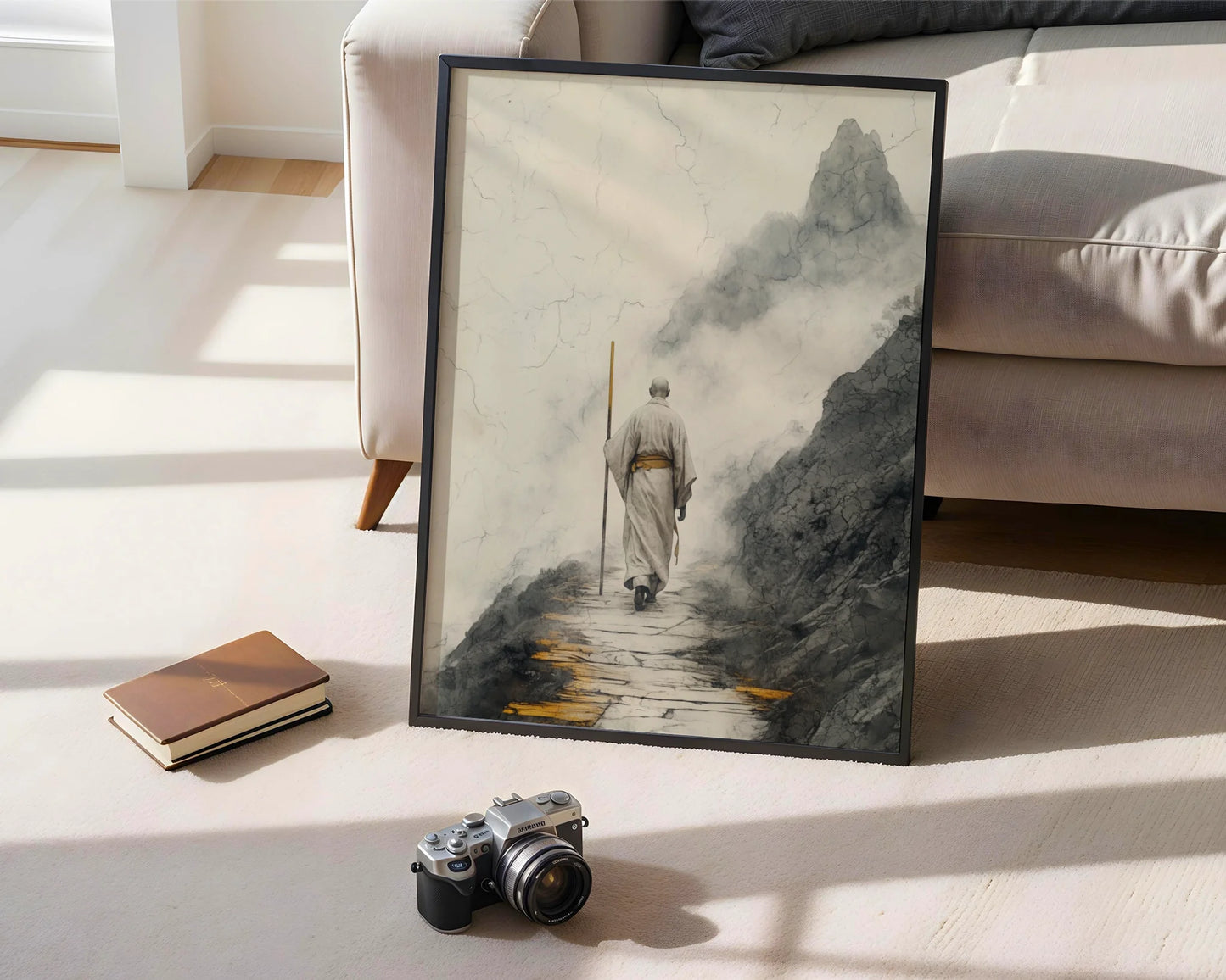 Zen Monastery Path Solitary Monk Mist Mountains Art in room