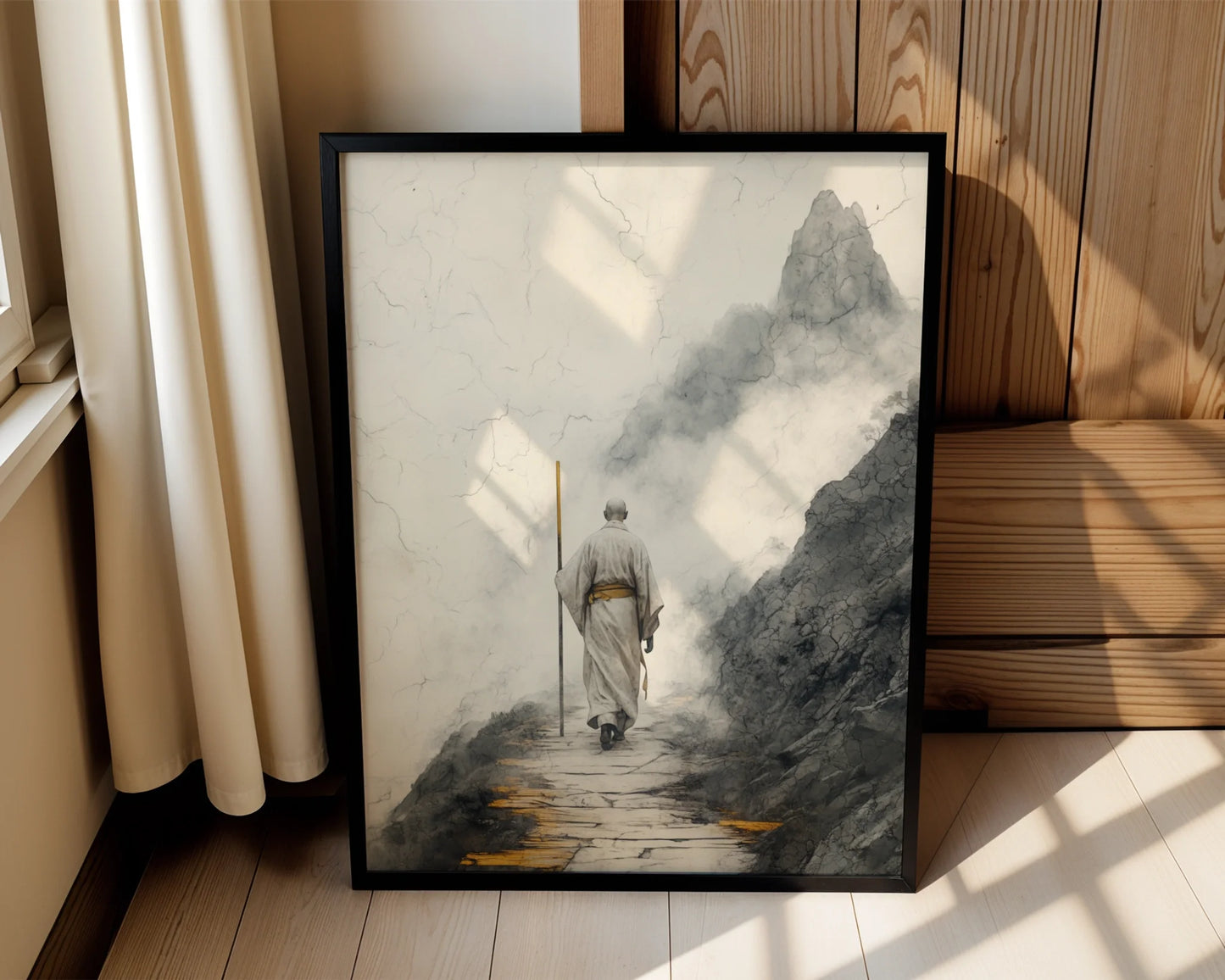 Zen Monastery Path Solitary Monk Mist Mountains Canvas Art — Clean-lined wall decor showing serene temple traveler amid cloudy peaks for contemporary spaces