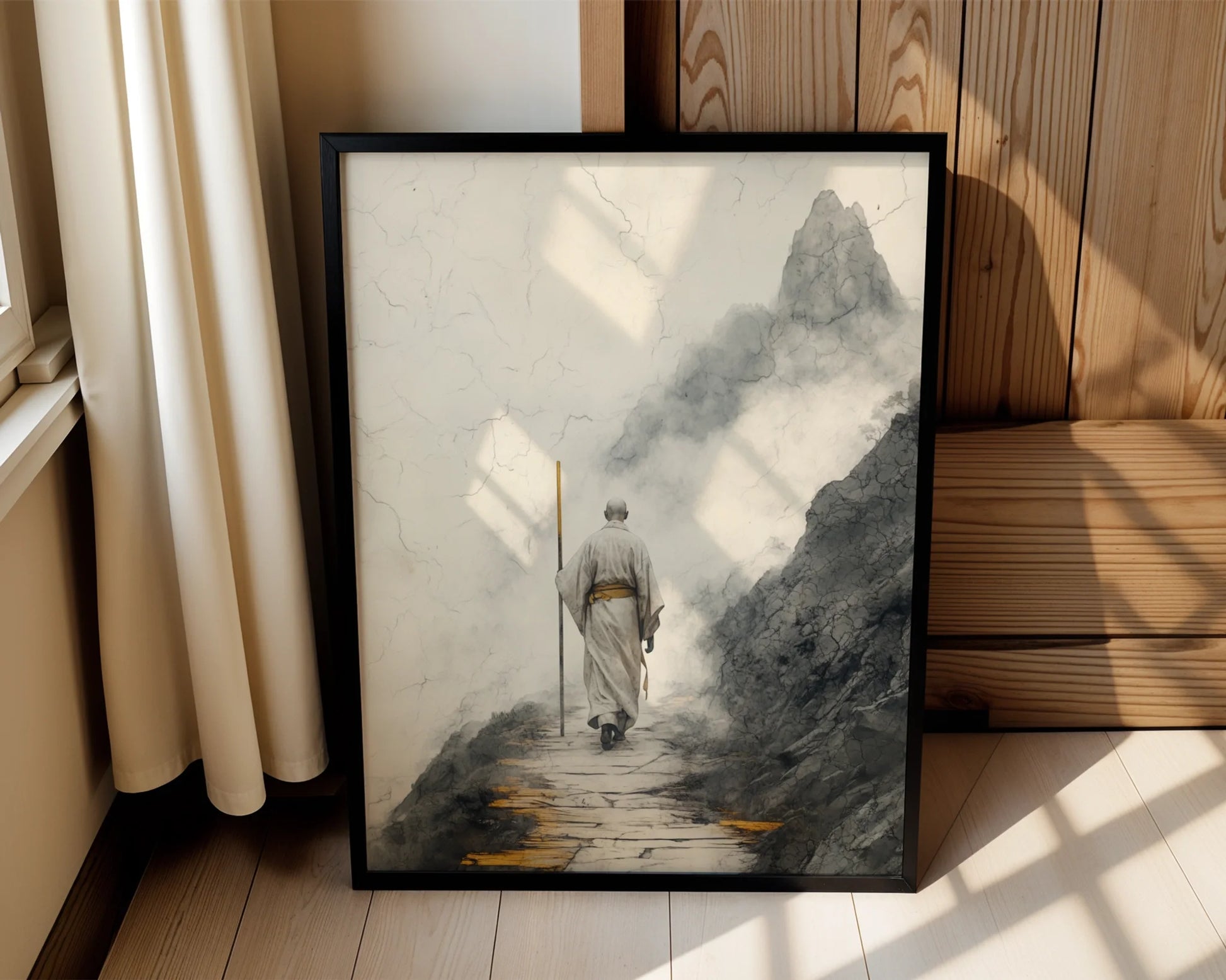 Zen Monastery Path Solitary Monk Mist Mountains Canvas Art — Clean-lined wall decor showing serene temple traveler amid cloudy peaks for contemporary spaces