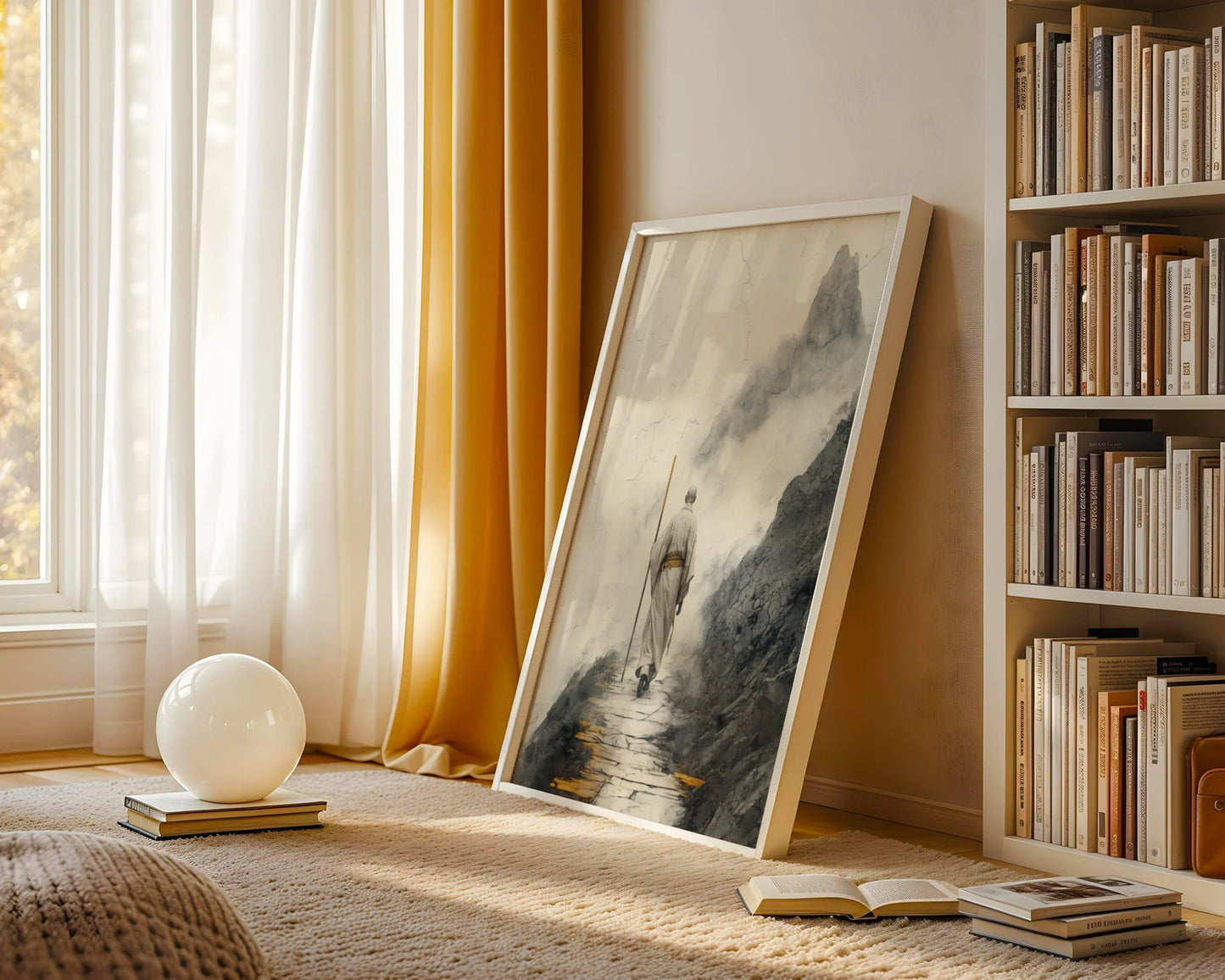 Zen Monastery Path Solitary Monk Mist Mountains Canvas Art — Organic design print depicting humble wanderer navigating stone steps through ethereal landscape