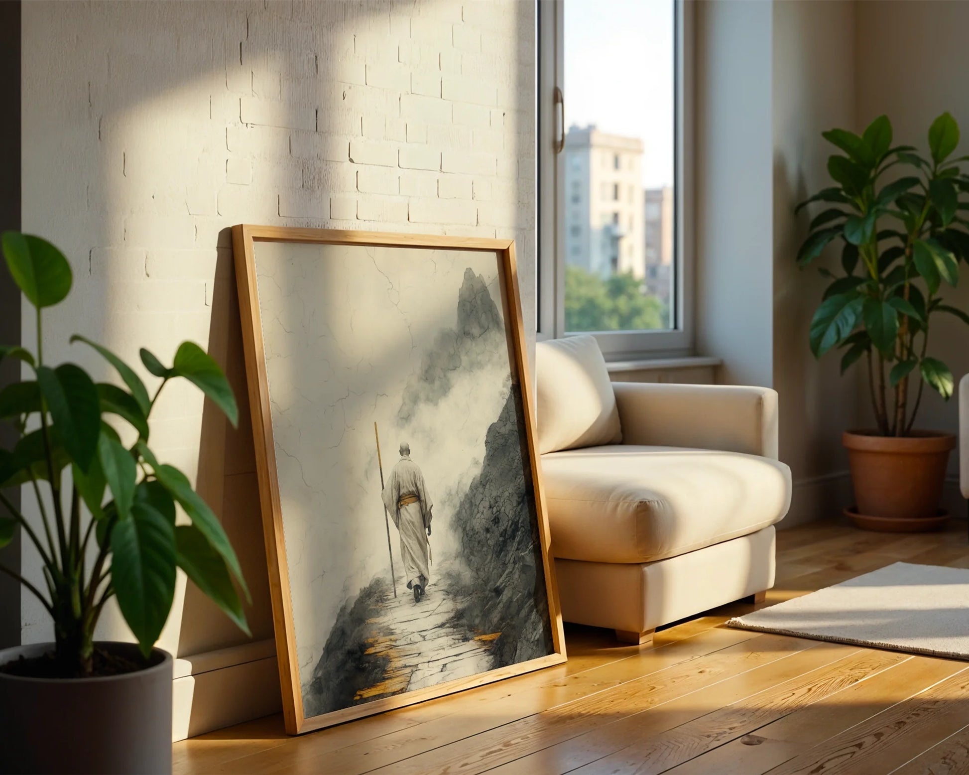 Zen Monastery Path Solitary Monk Mist Mountains Art in room