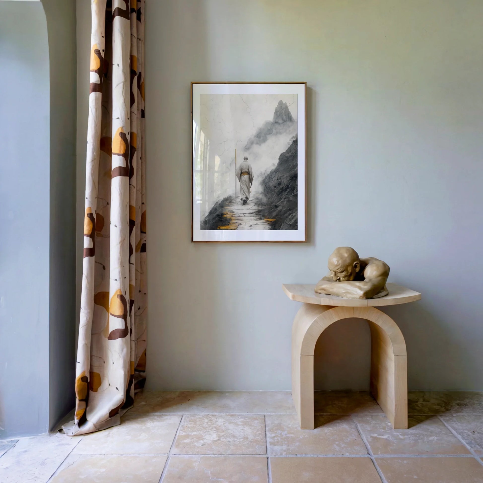 Zen Monastery Path Solitary Monk Mist Mountains Art in room